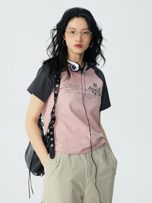 エッグタルトホームプリント半袖ラグランスリーブ Tシャツレディース夏新レトロラウンドネックスリムスリムトップ