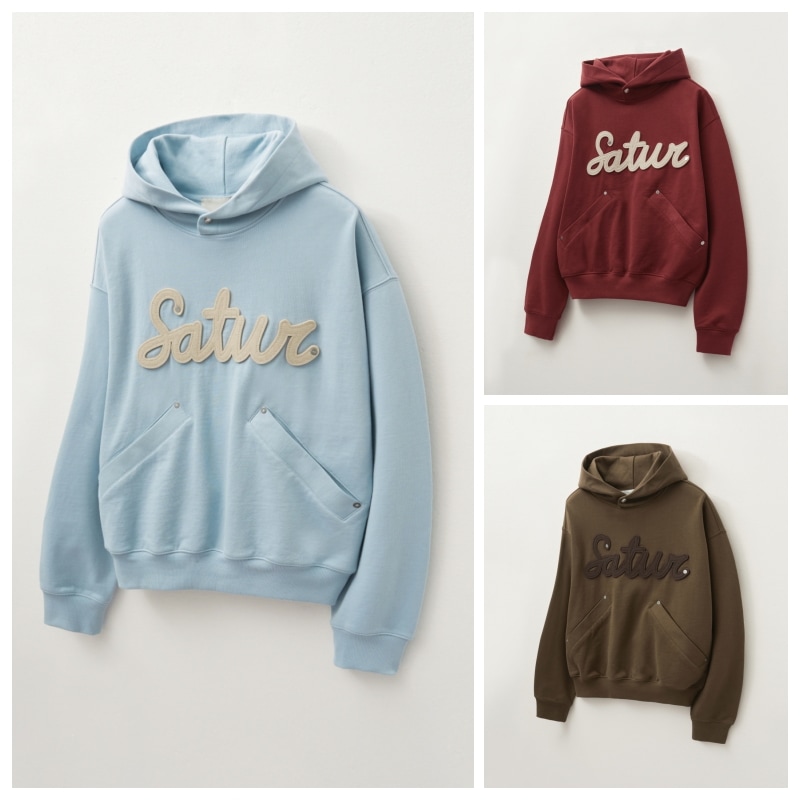 【SATUR】 SATUR APPLIQUE RIVET HOODIE : 3COLORS