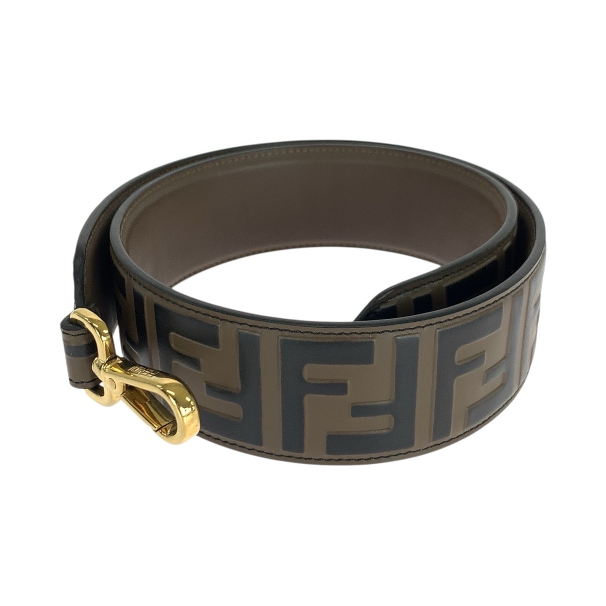 美品 ストラップユー FFロゴ ブラウン ゴールド金具 レザー ショルダーストラップ レディース 505939