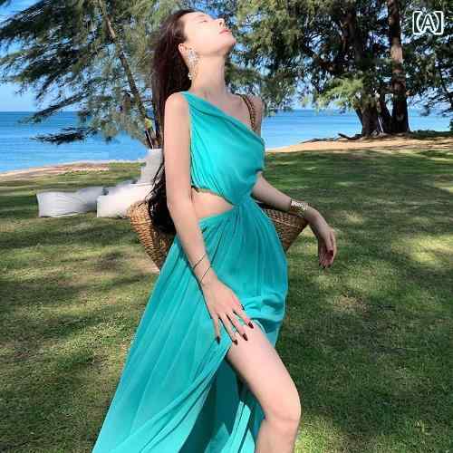 リゾート ワンピース 大人 レディース シングル ストラップ オフショルダー ドレス 女性 ウエスト スリット ロング スカート おしゃれ きれいめ 5,354円