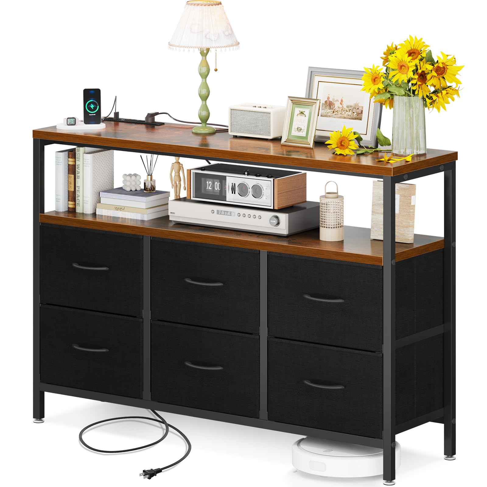 チェスト タンス 収納ケース 布製 木製天板付き コンセント付き 衣類収納 棚 リビング収納 引き出し6杯付き 衣装ケース 箪笥 転倒防止 多機能 大容量 安定感 省スペース 簡単組立 3段6杯【幅1