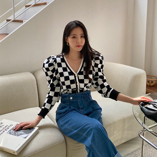 韓国ファッション チェッカー Vネック パフ カーディガン체커 브이넥 퍼프 가디건