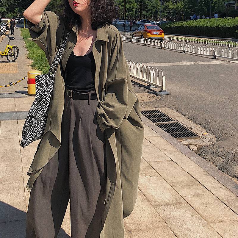 2色 アウター レディース コート ロング シャツ風 トレンチ シャツワンピ 無地 長袖 かっこいい 大人カジュアル ラフ オーバーサイズ ブラック 黒 グリーン 緑 シンプル こなれ感 メンズライク