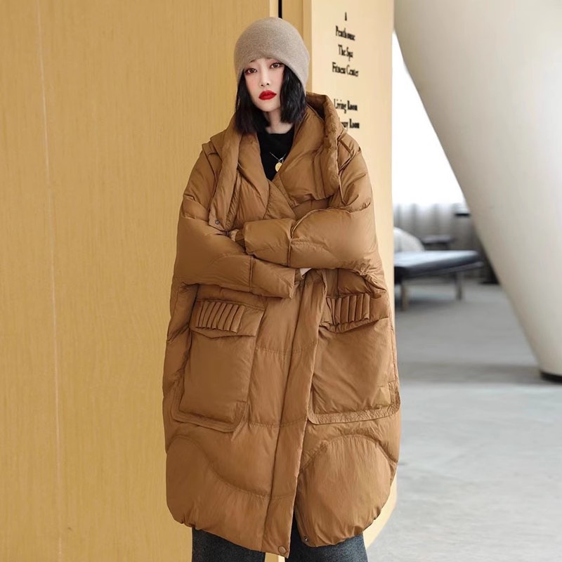 90ホワイトダックダウンロングダウンジャケット女性用冬新作ファッションゆったり大きいサイズ芸術的レトロ膝上ジャケット