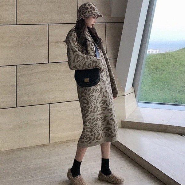 【即納】ワンピース 編み ジャケット セーター アウター コート ロング 韓国ファッション コート 豹柄パーカーニット厚い 秋冬新作のニット大人気