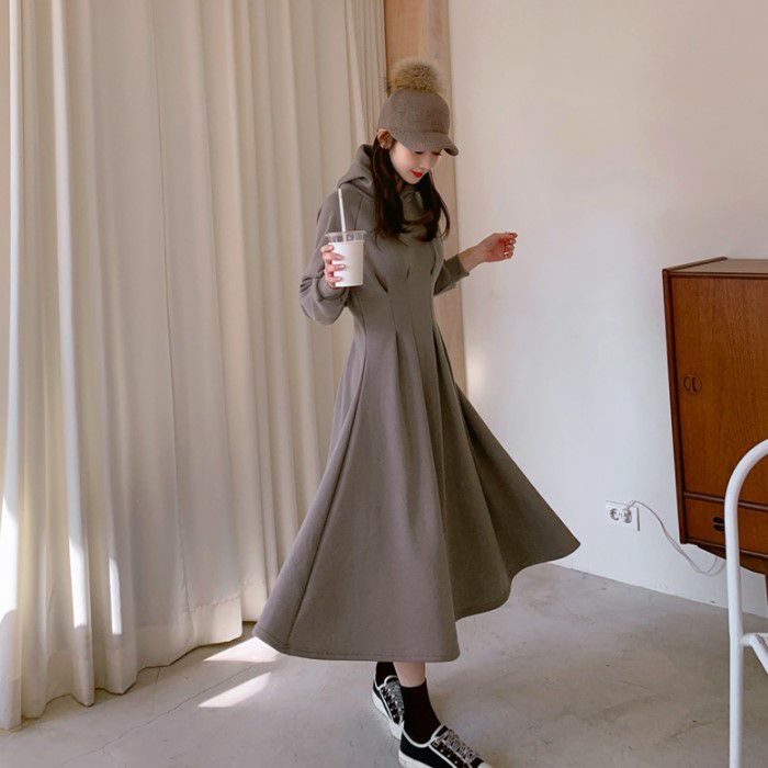 2022年 秋冬 新作 3color ウエストシェイプ フード パーカー スエット ワンピース