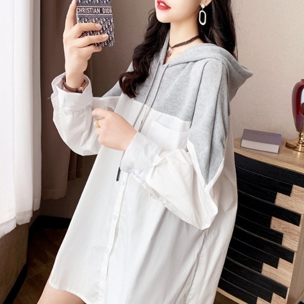 トップス パーカー 長袖 ドッキング デザイン ボタン オーバーサイズ ビッグシルエット 美ライン ニュアンス レイヤード フード付き カラバリ かわいい 大人可愛い きれいめ シンプル カジュアル