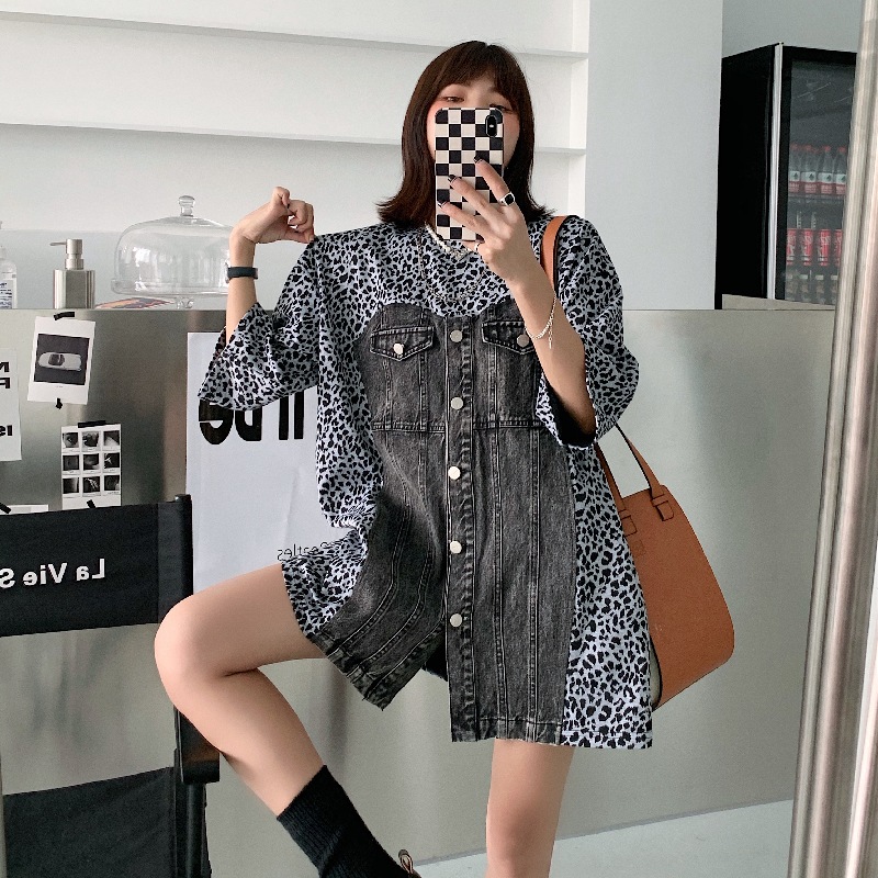 【日本未発売】ヒョウ柄Tシャツ ステッチデニム 異素材MIX ワンピース レオパード柄 デニム Tシ