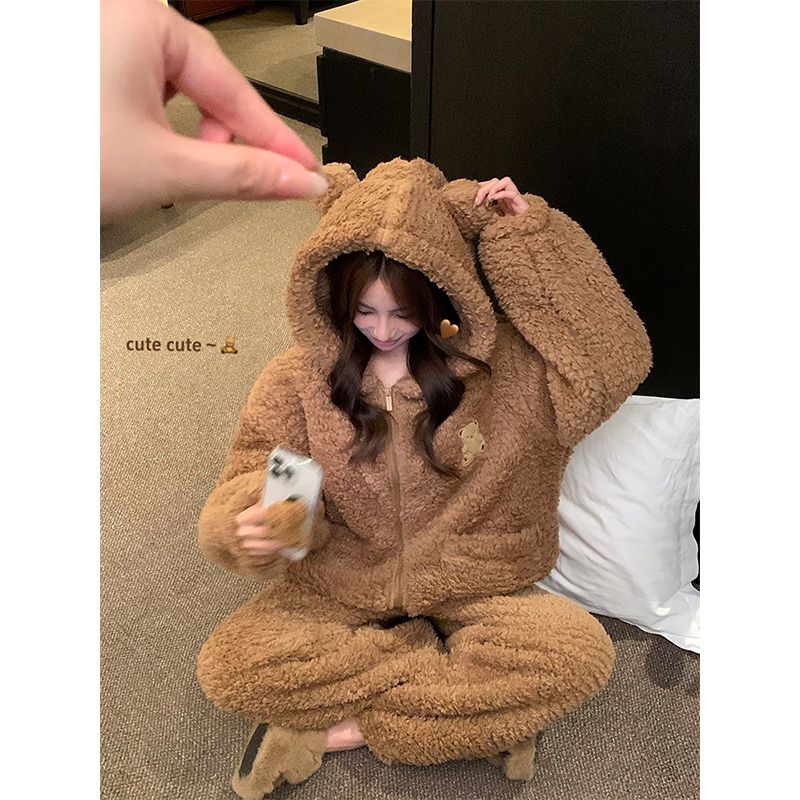 【送料無料】新入荷 パジャマ ルームウェアins風冬の新作ギャザー厚手外着部屋着セットレディース 韓国 ルームウェア モコモコパジャマ06