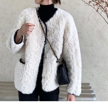 レディース 2カラー ジャケット ノーカラー パイピング フェイクファー ボア