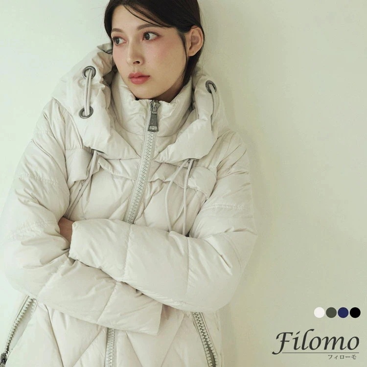 ダウンコート レディース ミドル丈 フード付き ハンガリー ダウン90% 手洗い ブランド Filomo 冬 ダウンジャケット アウター 洗える 軽量 ミドル 白 アイボリー ネイビー カーキ ブラッ