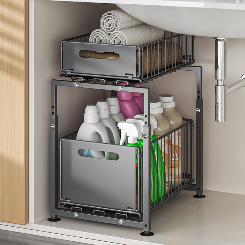 シンク下 洗面台下 キッチン下 収納引き出し スライド2段式 高さ調整可能 省スペース 調味料入れ 幅29cm ブラック