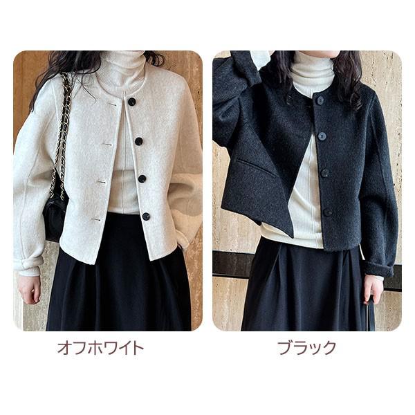 アウタートレンチコート白 ショートジャケット 厚手 保温性 レディース 黒 羽織り オフホワイト ウール混70％ ツイードジャケット ミドル丈 オーバーサイズ 秋冬 ノンカラージャケット ブラック