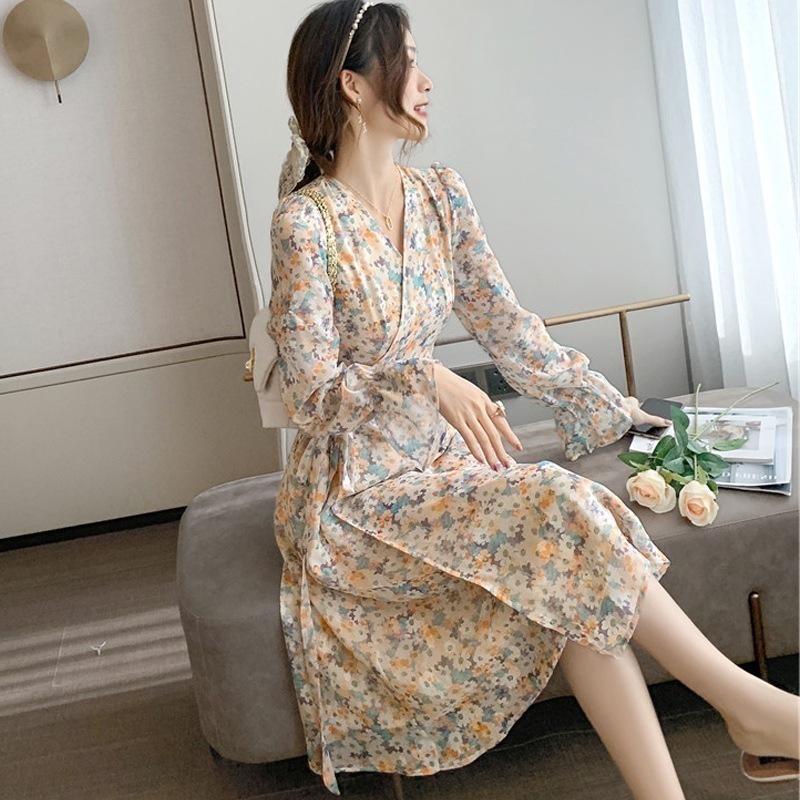 5年フランス初春の優しいウエストvネック長袖ドレス女性用リトルデイジー油絵風ドレス女性用