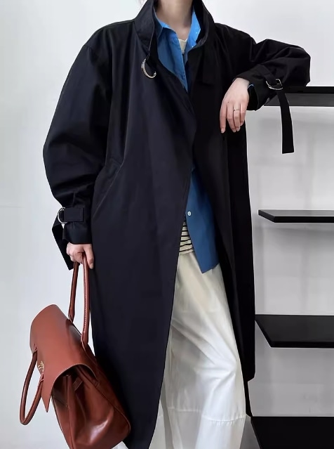 レディース コート アウター 上着 ロングコート 長袖 ドロップショルダー スタンドカラー ワイド ウエストリボン バックスリット 前開き 綿 コットン シンプル カジュアル おしゃれ かっこいい