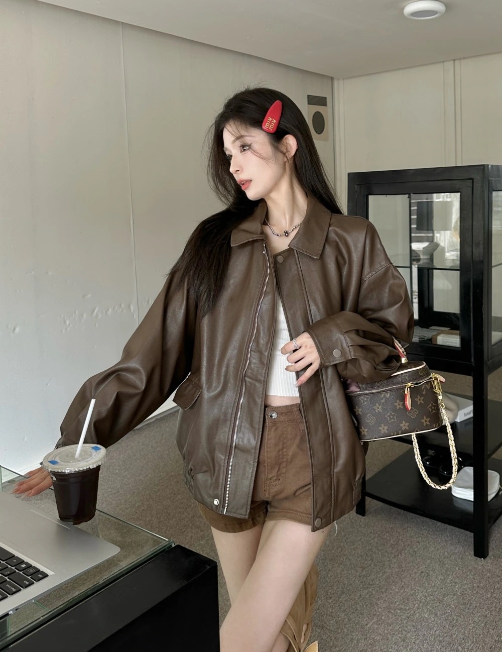 春夏 長袖 かわいい ショート アウター ブラック 羽織り合成バイカラーカジュアル きれいめ 女っぽ きれいめ ファッション 色っぽ 女っぽカジュアルきれいめ大人