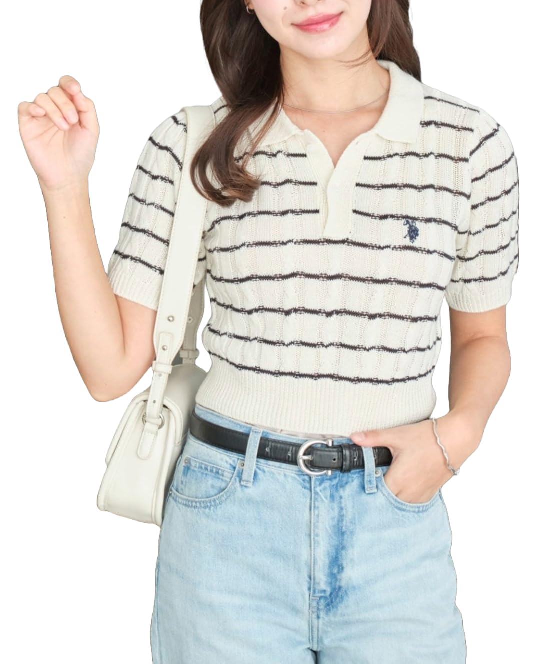 [ウィゴー] 別注 USPOLO ケーブルニット ポロ 半袖 ニット セーター トップス 服 春服 夏服 カジュアル ガーリー ギフト プレゼント 春 夏 秋 レディース F ホワイトボーダー