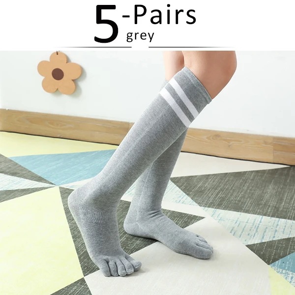 女性と女の子のための綿のロングストッキング 膝の下にある暖かい縞模様のストッキング 5本の指の脚 大学スタイル 学生 5ペア GRAY EU35-39