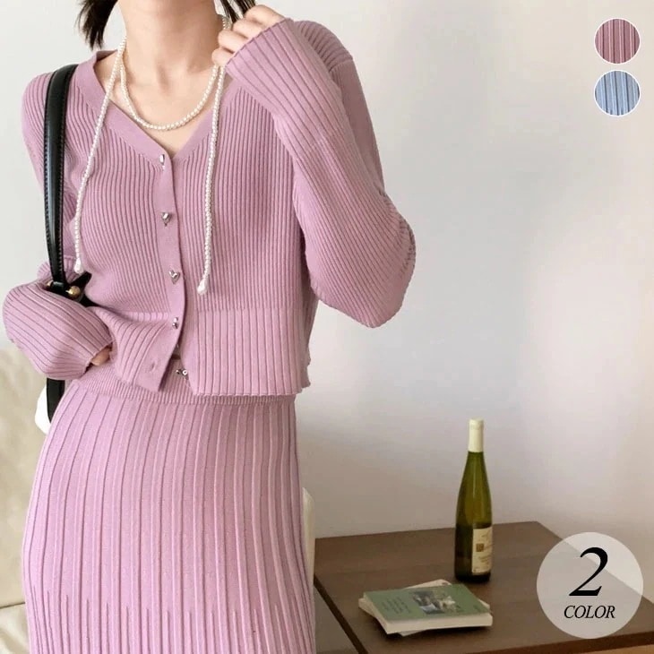リブ Vネック ニット ショート丈 カーディガン プリーツ ロング スカート セットアップ 長袖 上下 セット 楽ちん ゆったり きれいめ 上品 カジュアル フェミニン 秋 冬 おしゃれ 可愛い レ