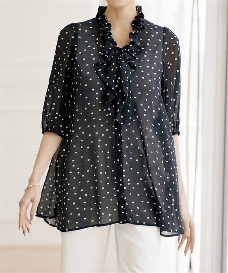 チュニック シニアファッション ドットシフォンフリル襟ブラウス