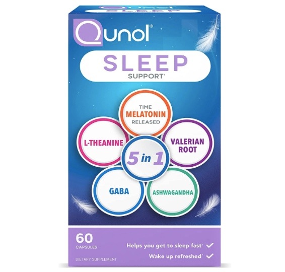 【Qunol Sleep Support 5 in 1 非習慣性睡眠補助サプリメント】60粒入 アシュワガンダ GABA バレリアンルート L-テアニン スリープエイド