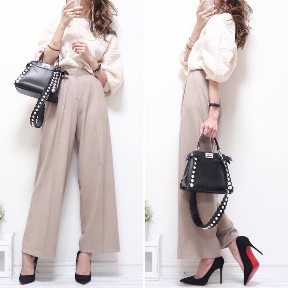 【新登場!!】淡色コーデ幅広く着回せる定番ワッフル七分袖ニット+ワイドパンツセット