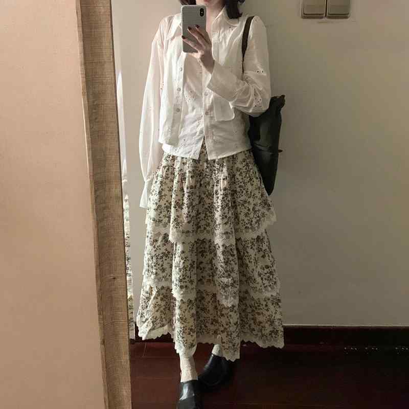 ティアードスカート ロング レディース ボトムス ガーリー マキシスカート レース 秋冬 花柄