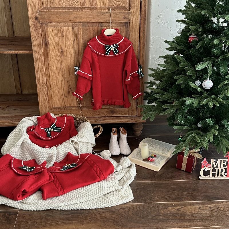 女の子ニットドレス 2024 新しいクリスマスドレスアッププリンセスドレス女の赤ちゃん赤いセータースカート