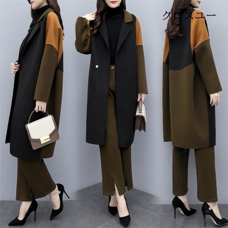 セットアップ レディース 秋冬 40代 フォーマル 2点セット アウター モッズコート 長ズボン パンツスーツ 大きいサイズ おしゃれ オフィス 着痩せ 上品 通勤 OL