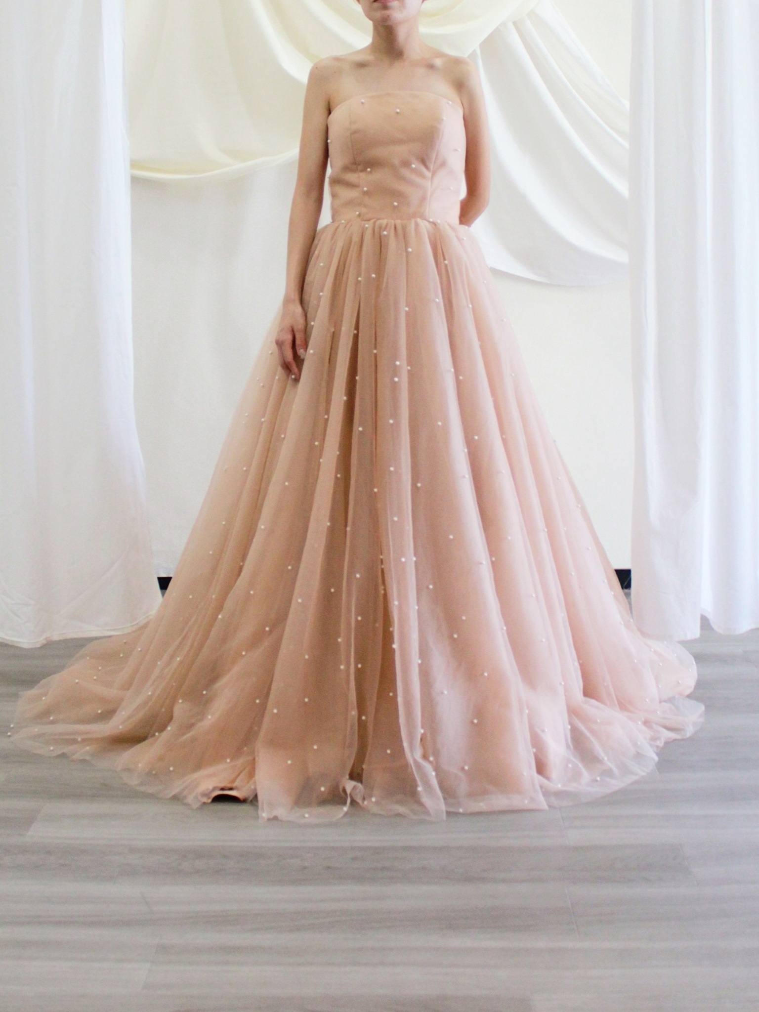 上品！ピンク カラードレス パール ベアトップ Aライン 編み上げ ハンドメイド 前撮り