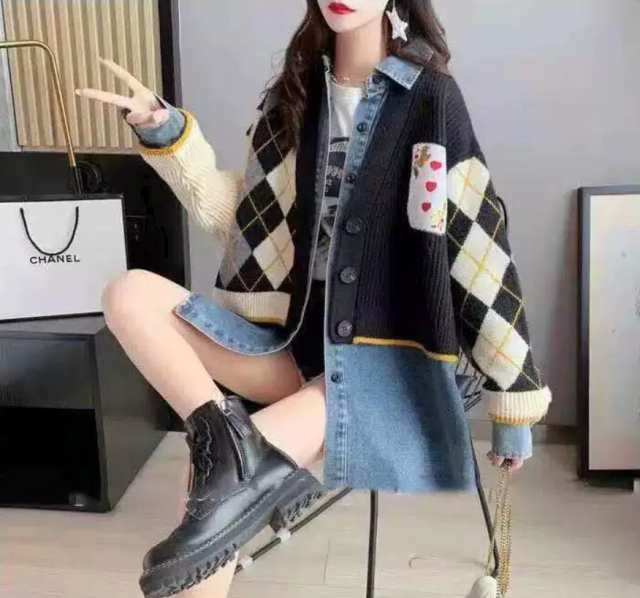 【2025新作入荷】レディース トップス シャツ ニット 長袖 ロング ドロップショルダー Vネック 襟付き デニム かわいい カジュアル おしゃれ レトロ ヴィンテージ 無地 格子柄 秋 冬 お出か