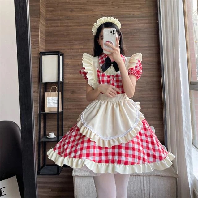 メイド服 ロリータ ワンピース コスチューム 飾り付き エプロン 髪飾り リボン チェック 文化祭 学園祭 メイドカフェ Lolita 長袖 コスプレ衣装 アニメ 可愛い ブラック レッド オーバーサ