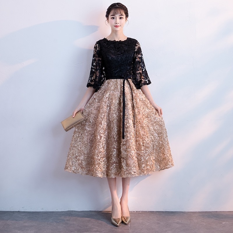 ドレス パーティードレス Aラインドレス イブニングドレス ワンピドレス ミモレ丈 五分袖 ホルンスリーブ ラウンドネック Aライン レース 刺繍 ハイウエスト 透け感 大人可愛い きれいめ 大人