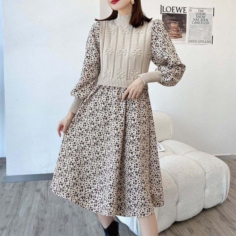 3色 ワンピース 長袖 春夏 きれいめ aライン シャツワンピース aライン Aライン フレア ニット 膝下 ミモレ丈 7分丈 ミディアム丈 ミドル丈 Uネック ラウンドネック 襟なし フレア セミフ