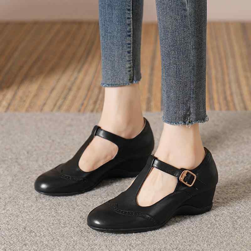 パンプス ウェッジソール 黒 きれいめ 革靴 韓国系 ブーティー ストラップ シューズ ブラック レザー 個性的 ラウンドトゥ おしゃれ 上品 かっこいい 通学 通勤 ビジネス 脚長 レディース ベル