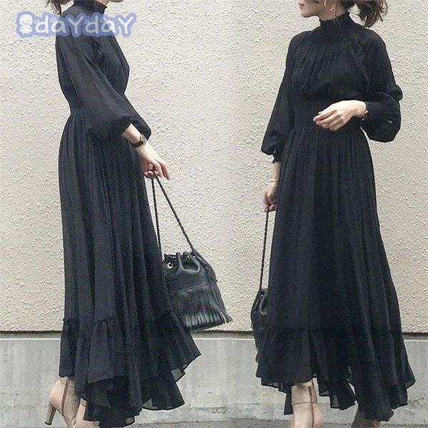 【迅速出荷】 ロングワンピース シフォンワンピース レディース 40代 キレイめ マキシ丈ワンピース 秋 長袖 黒ワンピース シフォン 結婚式ドレス オシャレ 上品 着痩せ