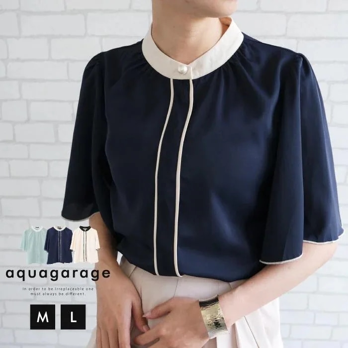 【迅速出荷】販売最低価 ! パール釦バイカラーフレア5分袖ブラウス 春 夏 M L