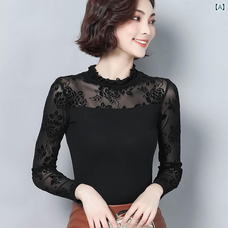 レディース　シャツ　レース ホワイト カラー ブラザー ハイネック メッシュ 長袖 レイヤリング シャツ 春秋 薄手 無地 ガーゼ Tシャツ 女性 トップス