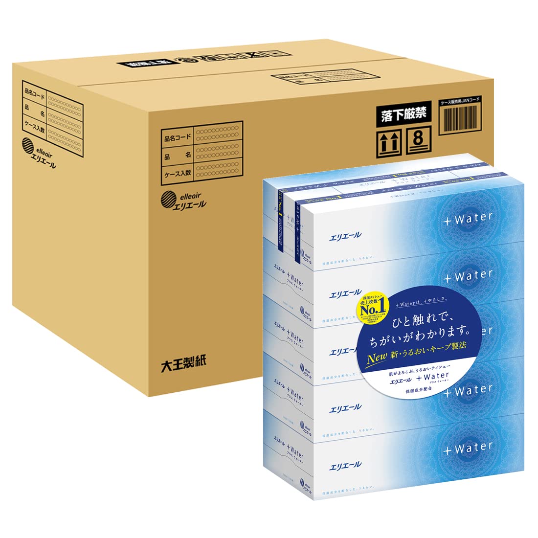 ティッシュ プラスウォーター(+Water) 180組×50箱 (5箱×10パック) パルプ100% ケース販売