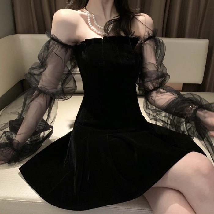 ワンピース レディース ドレス ミニワンピース S M L XL 韓国 膝上 ミニ丈 ミニ 袖あり 長袖 パフスリーブ 透け感 シースルー オフショルダー 大人可愛い きれいめ エレガント フェミニン