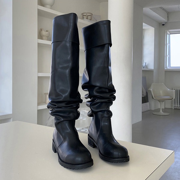 ロングブーツ ルーズ レイヤード トラックソール フラット レディース 太ヒール 黒 靴 韓国