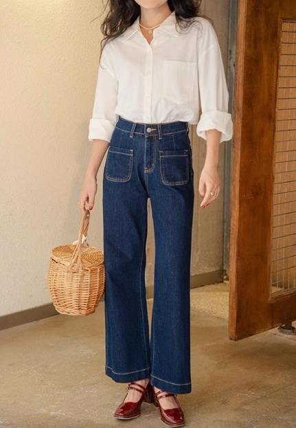 ハイウエストパンツ クロップド ワイドレッグ ストレート デニム 秋 お出かけ デート