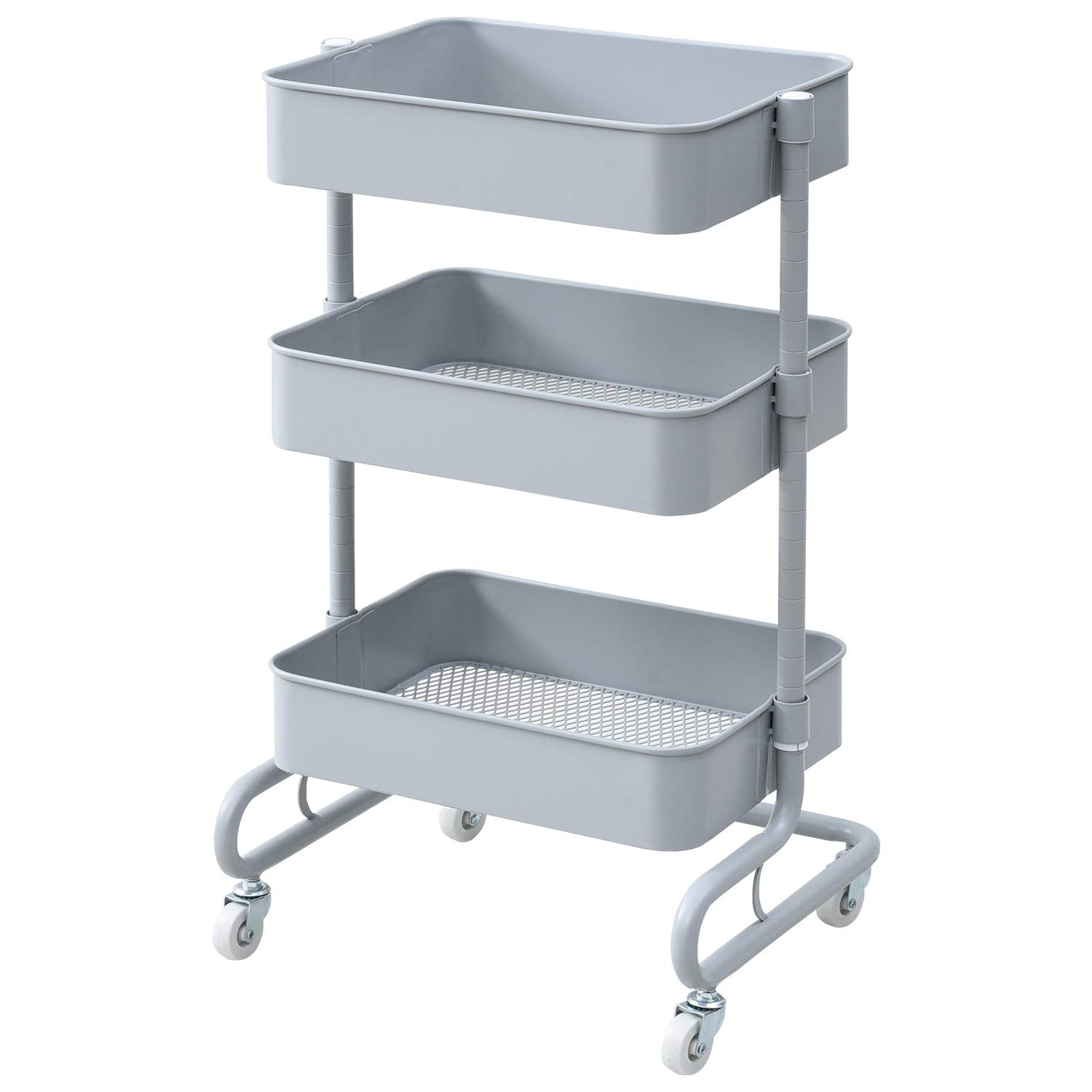 山善(YAMAZEN) キッチンワゴン 高さ調節可能 全体耐荷重60kg メッシュタイプ キャスター付き 幅46×奥行38×高さ81cmg バスケットトローリー 組立品 ライトグレー LBT-3(LG