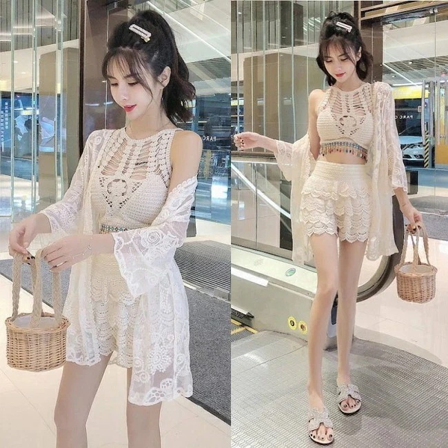 【急速出荷 2025年新作】水着 クロシェ クロッシェ 鍵編み 短パン 長め ショートパンツ スイムウェア レディース ビスチェ ビキニ 3点セット エスニック レース カーディガン レディース 韓国