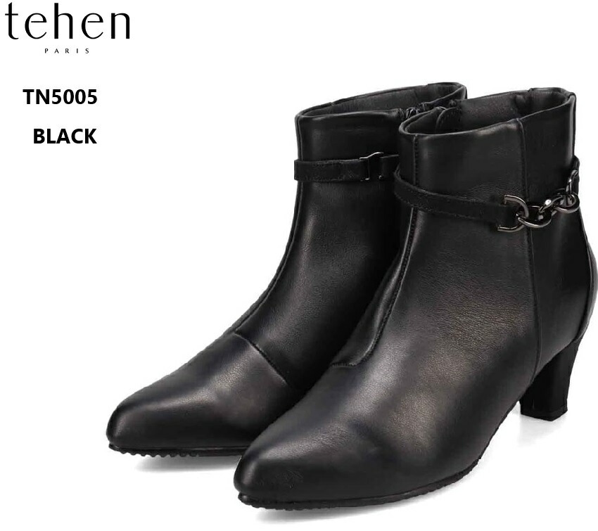 tehen(テーン)TN5005 エレガントベルトカジュアルショートブーツ 【撥水加工】 サイドファスナー仕様 取り外し可能なベルト付きで2wayのデザイン 太目のヒールで安定感のある履き心地