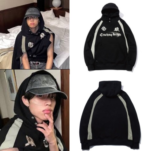 【THE BOYZソヌ着用】Cracking snap leglan hoodie black 韓国正規品 人気商品 トレーナー スウェット パーカー ジャケット Tシャツ トップス アウター