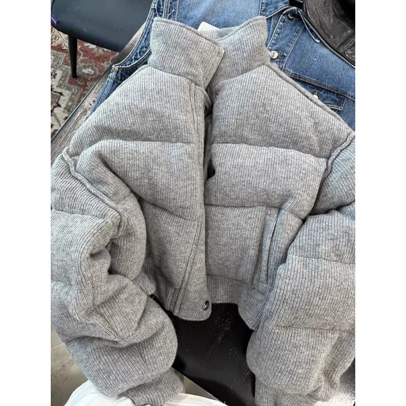 レディース 中綿ショートジャケット グレー ニット風 立ち襟 防寒 暖かい 軽量 通勤 通学 普段使い 冬アウター