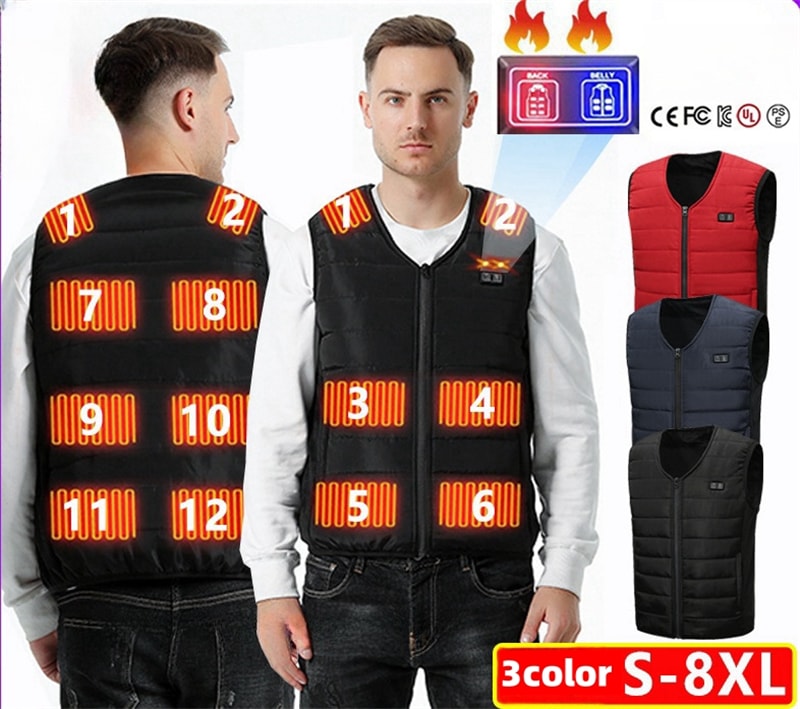 『バッテリー付き』電熱ベスト 電熱ジャケット　12箇所発熱　繊維ヒーター付きベスト ヒーター内蔵 加熱ベスト ホットベスト 発熱ベスト USB加熱 前後首独立温度設定可能　モバイルバッテリー給電 保温