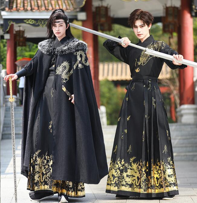 メンズ裏起毛漢服マント唐装 漢服 冬　マント ロング丈　ケープ メンズ　中華服 ファーおまけチャイナ服 コスプレ衣装　暖かい　クリスマス　綺麗龍柄 舞台衣装 中華厚手羽織コート　ハロウィン　上下セット