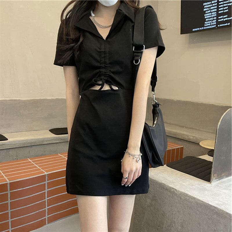 カットアウト ワンピース ミニスカート レディース ショート 半袖 Vネック ポロカラー Aライン リボン シャーリング かわいい 大人可愛い きれいめ シンプル カジュアル おしゃれ かっこいい こ